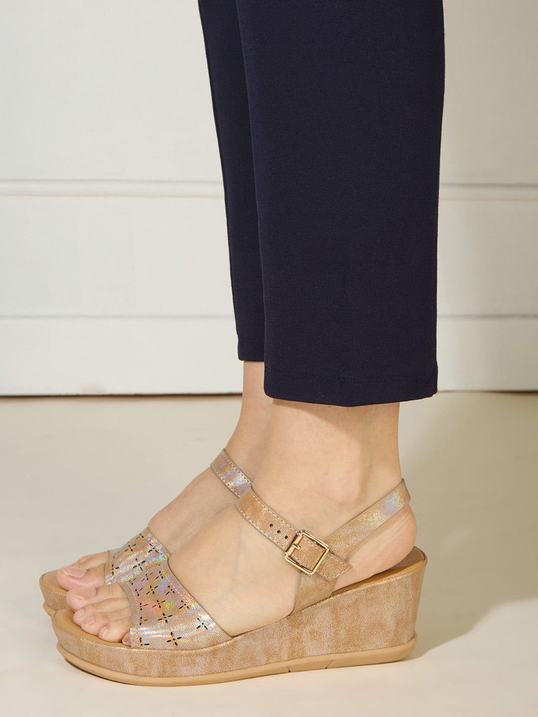 Womens Beige Party Wear Embellished Round Toe Wedge Heel Sandals