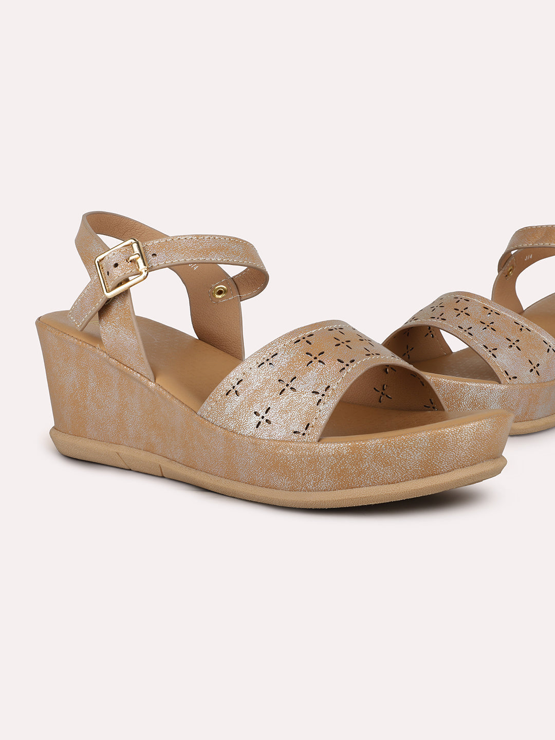 Womens Beige Party Wear Embellished Round Toe Wedge Heel Sandals