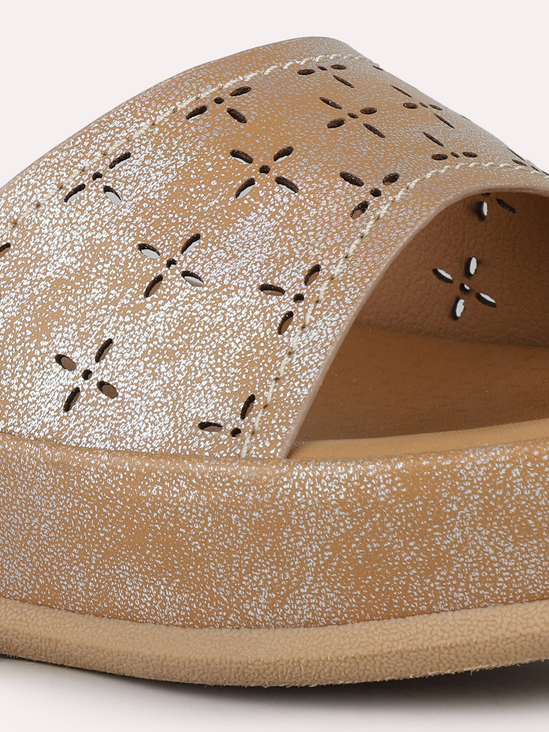 Womens Beige Party Wear Embellished Round Toe Wedge Heel Sandals