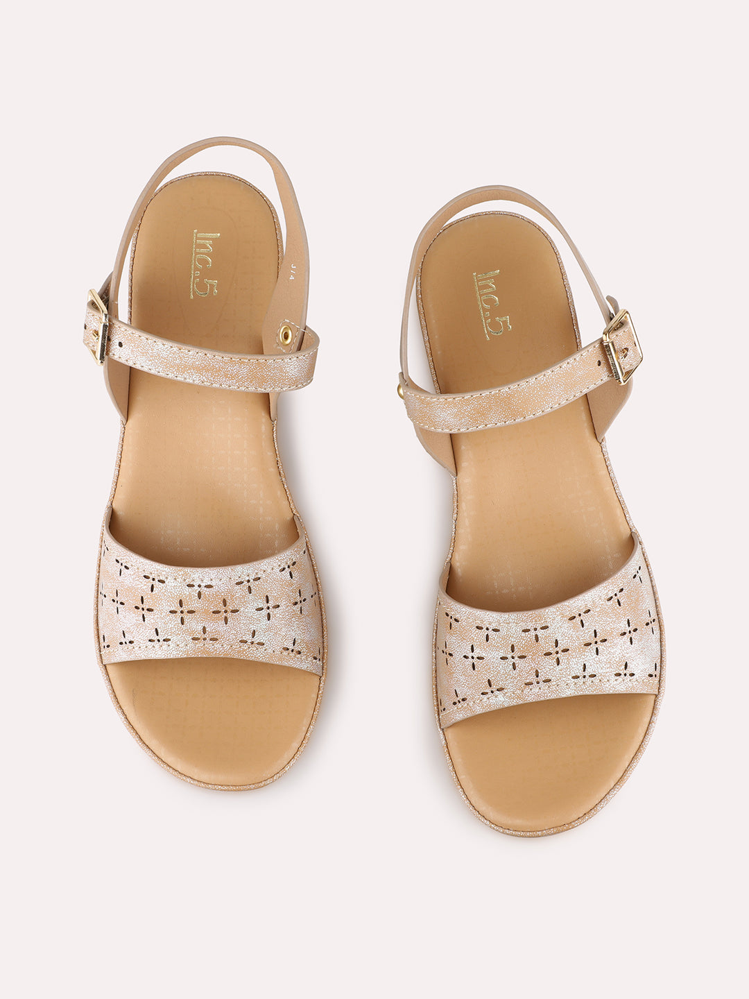 Womens Beige Party Wear Embellished Round Toe Wedge Heel Sandals