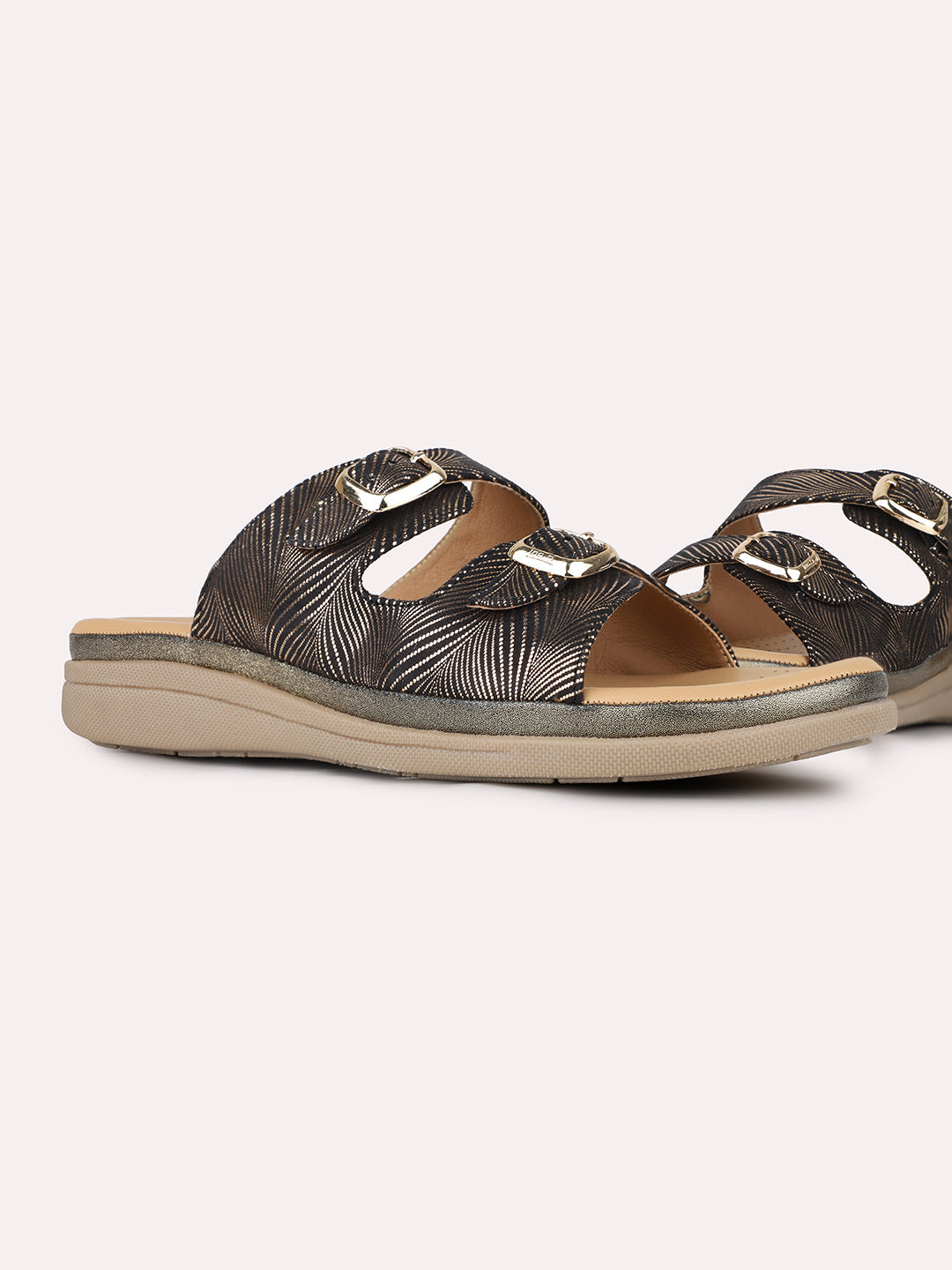 Women Golden Casual Printed Open Toe Slip-On Flat Sandals