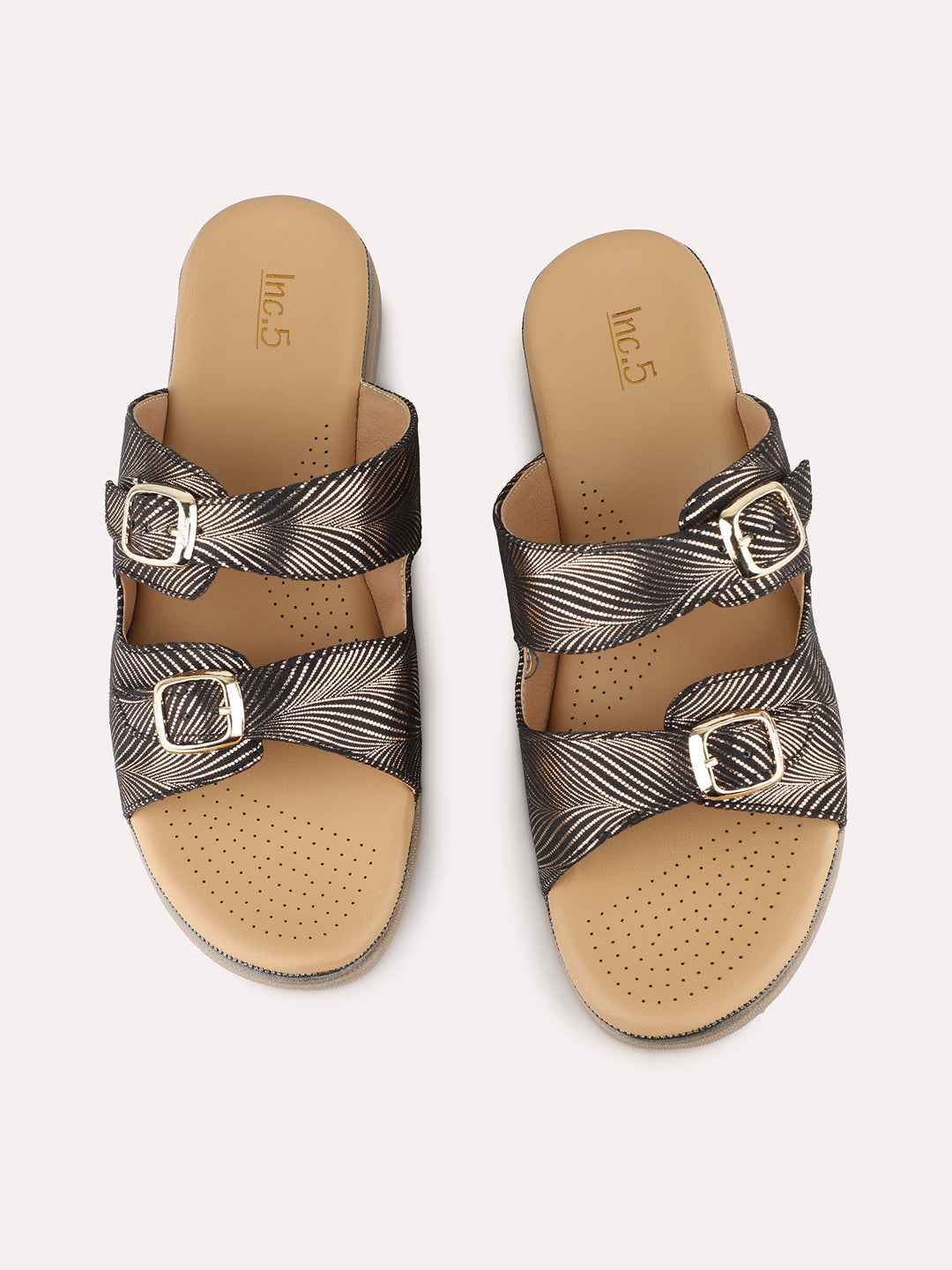 Women Golden Casual Printed Open Toe Slip-On Flats