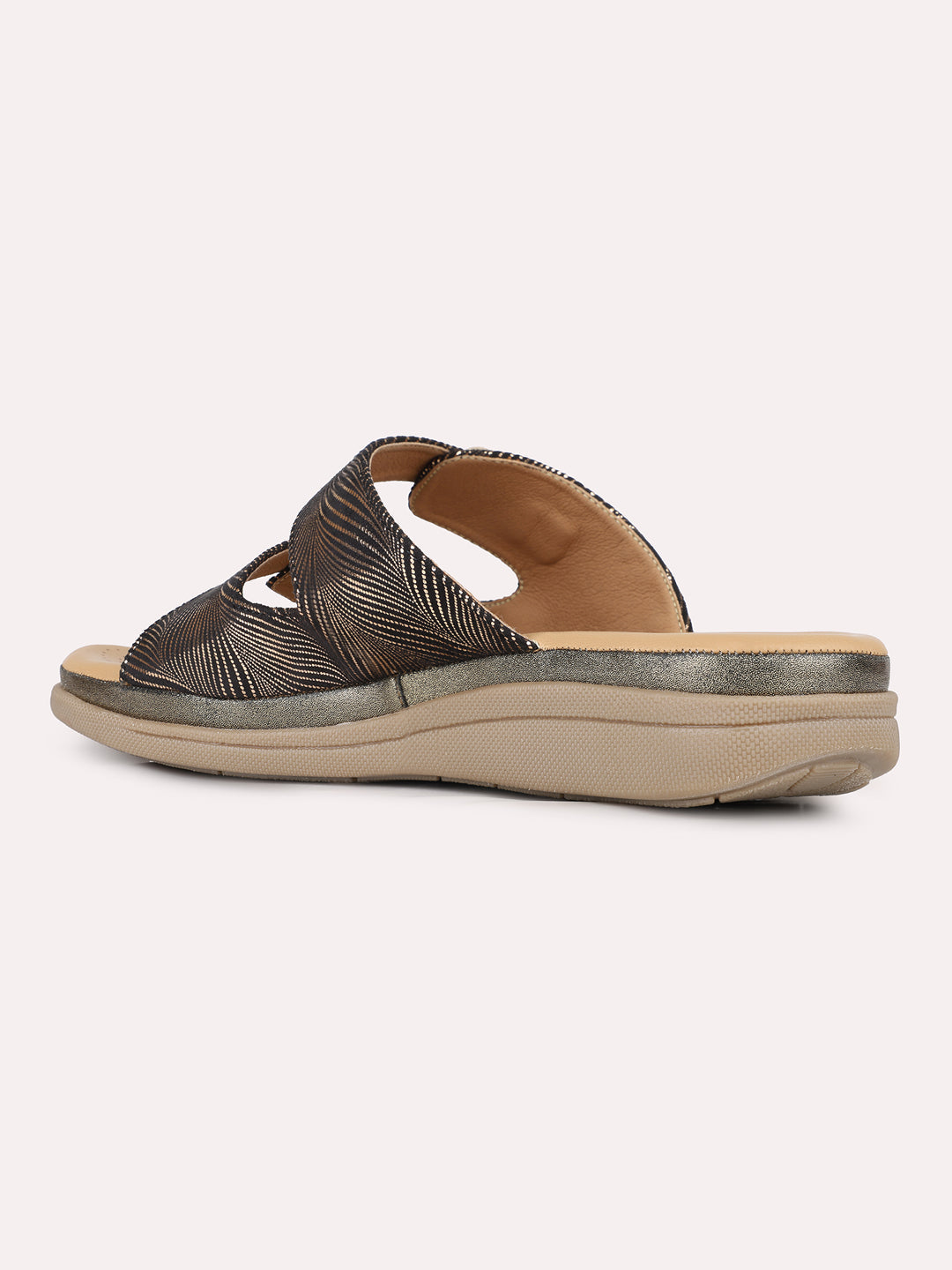 Women Golden Casual Printed Open Toe Slip-On Flats