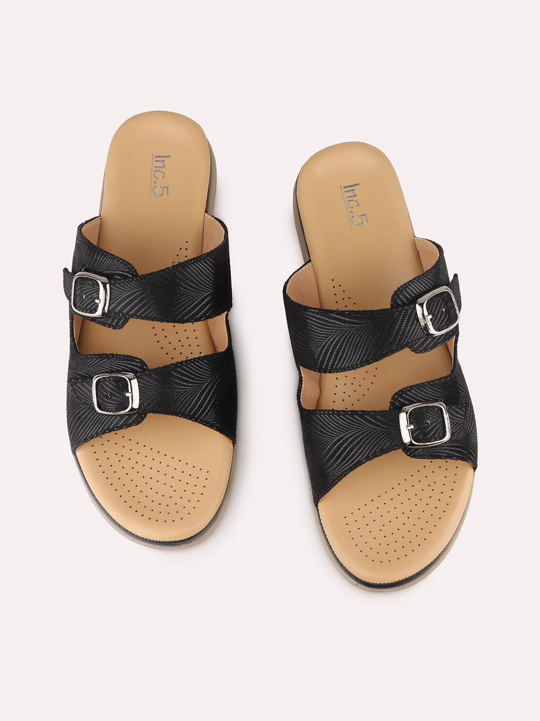 Women Black Casual Printed Open Toe Slip-On Flat Sandals