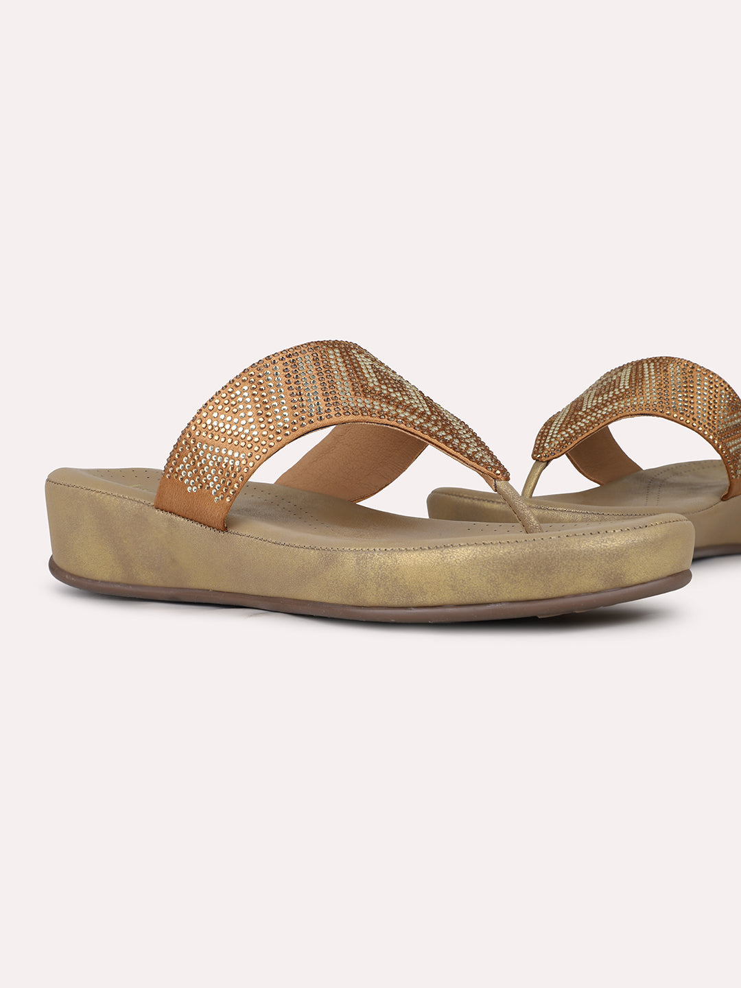 Womens Golden Ethnic Solid Round Toe Wedge Heel Sandals