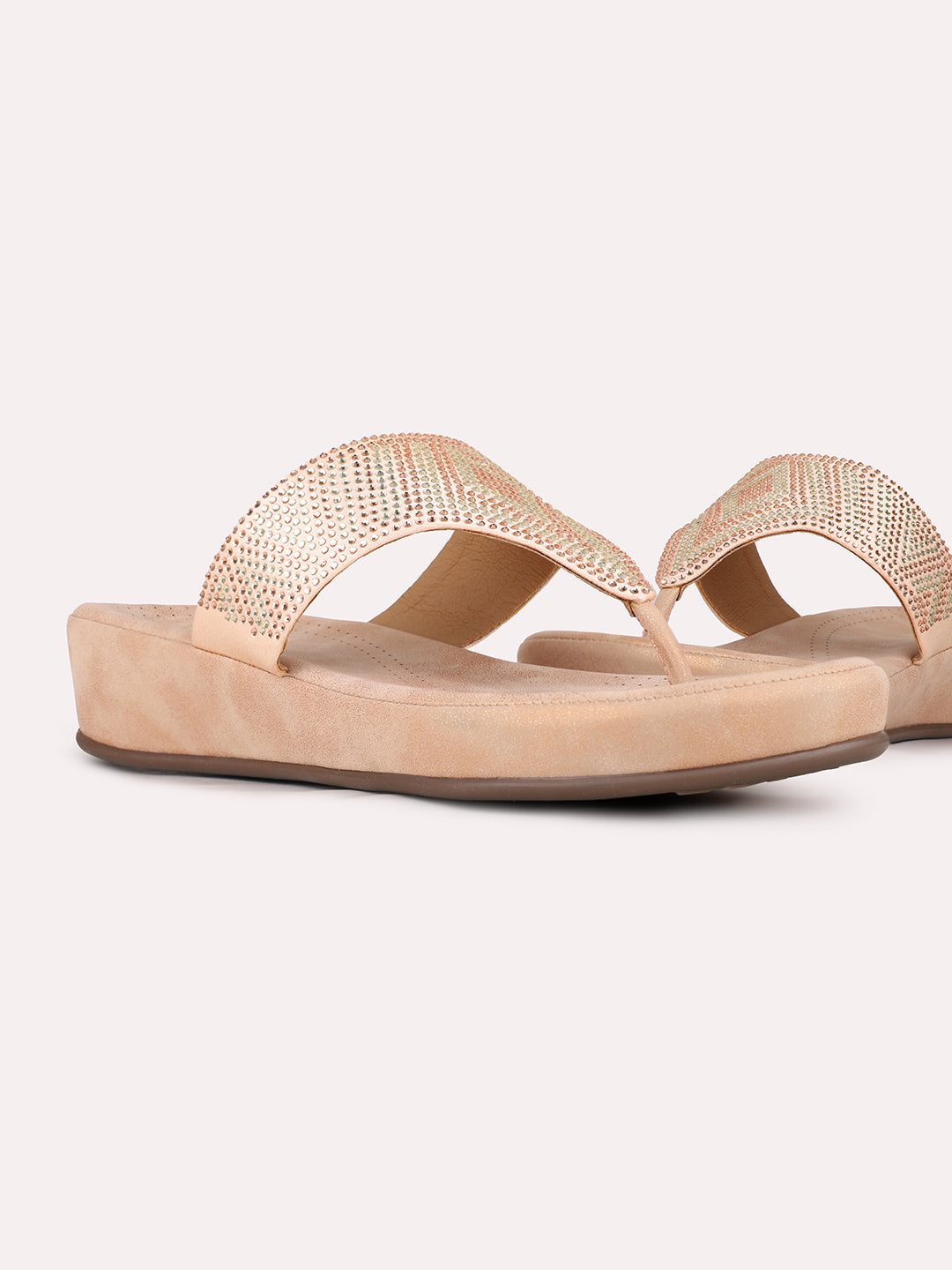 Women Rose Gold Casual Embellished Pointed Wedge Heel Sandals