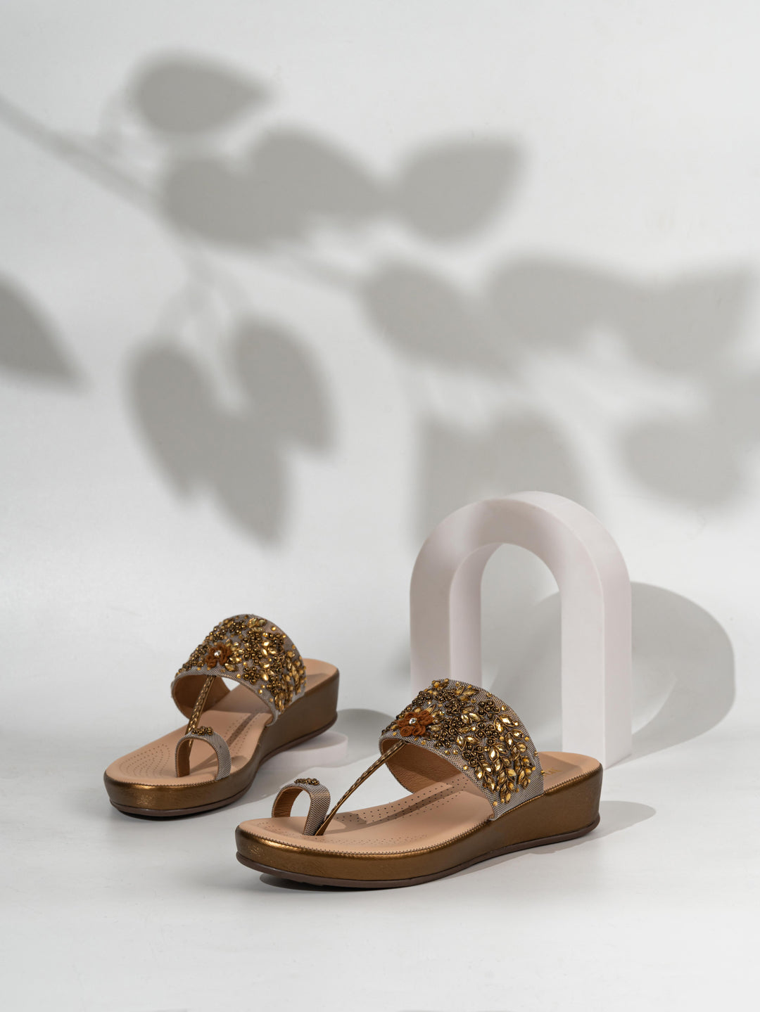 Women Golden Ethnic Embellished Round Toe Flatform Heel Sandals