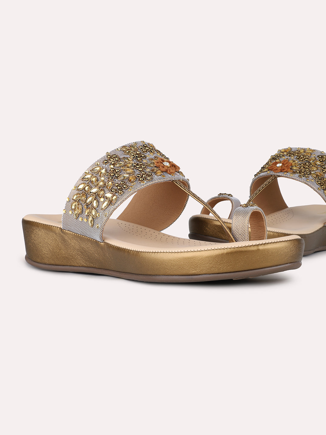 Women Golden Ethnic Embellished Round Toe Flatform Heel Sandals