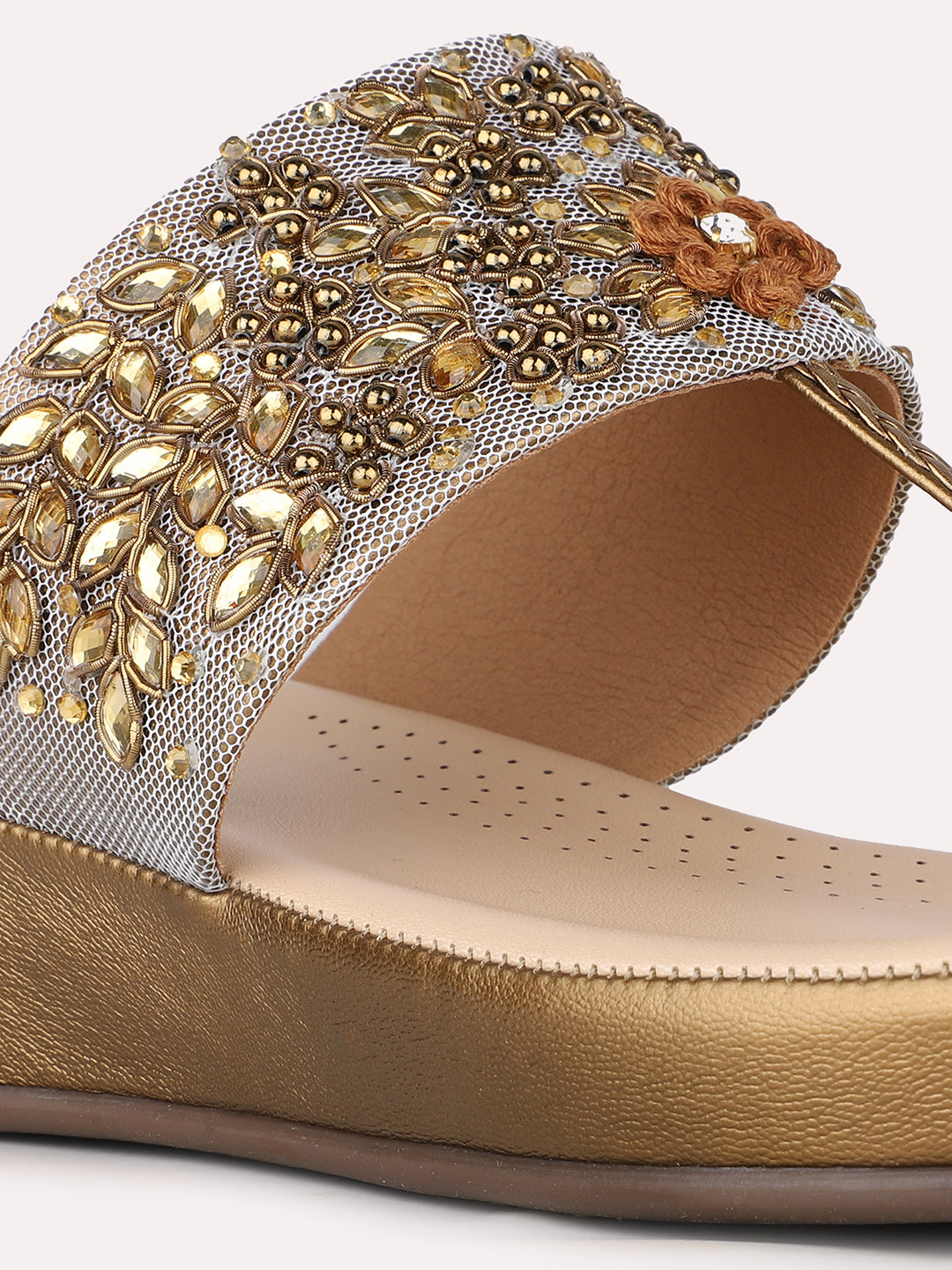 Women Golden Ethnic Embellished Round Toe Flatform Heel Sandals