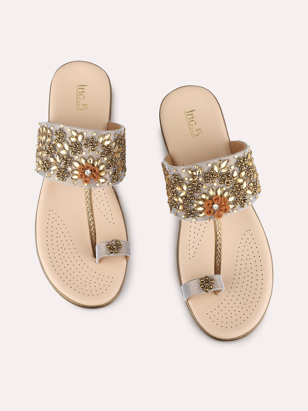 Women Golden Ethnic Embellished Round Toe Flatform Heel Sandals