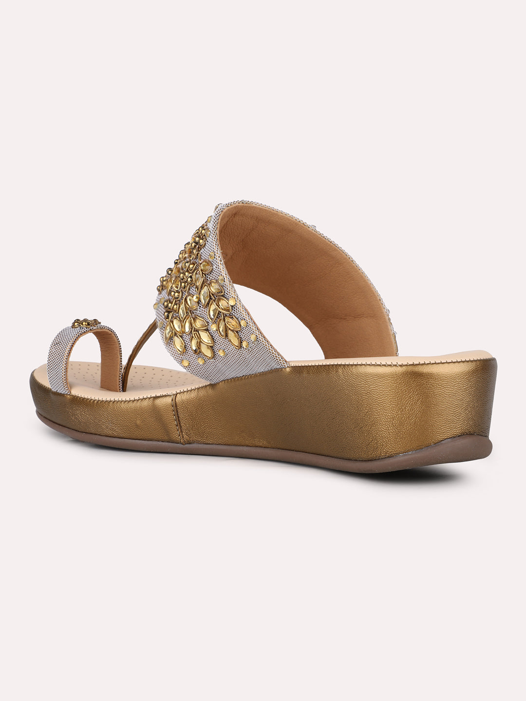 Women Golden Ethnic Embellished Round Toe Flatform Heel Sandals