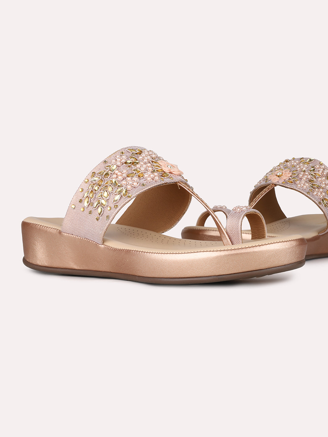 Womens Rose Gold Party Wear Solid Round Toe Wedge Heel Sandals