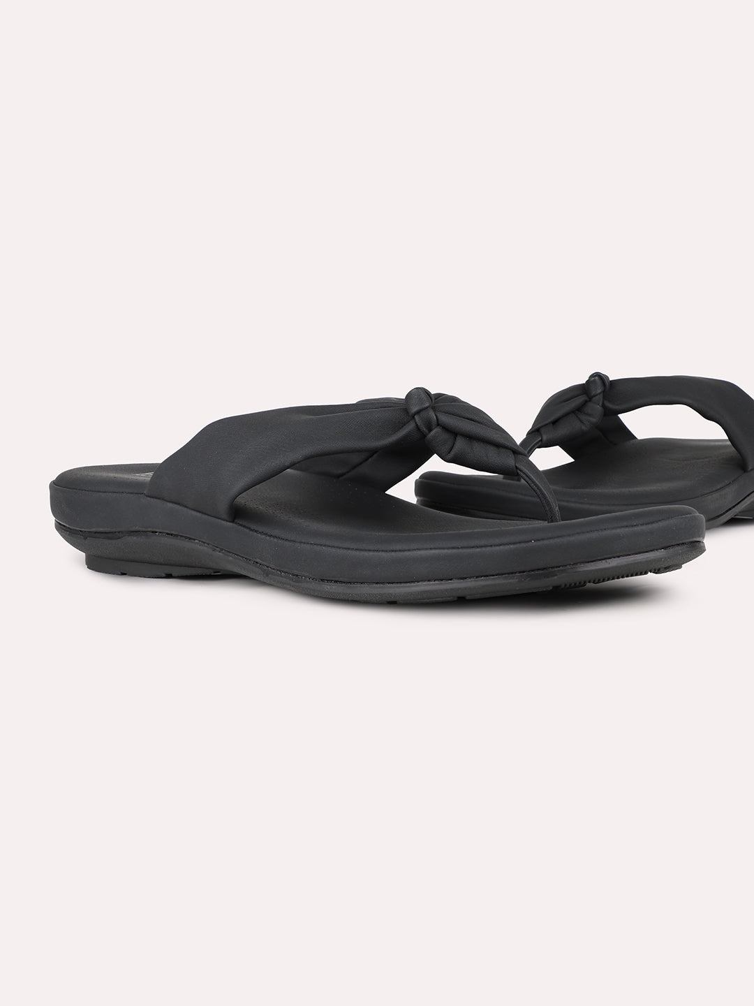 Women Black Ethnic Solid T-Strap Slip-On Flat Sandals