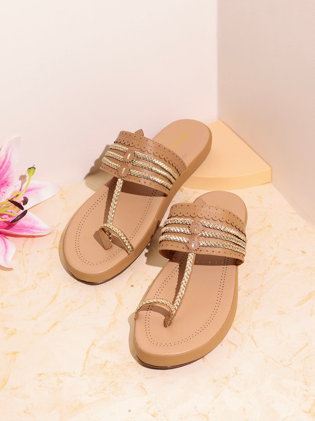 Womens Beige Casual Solid One Toe Slip-On Flat Sandals