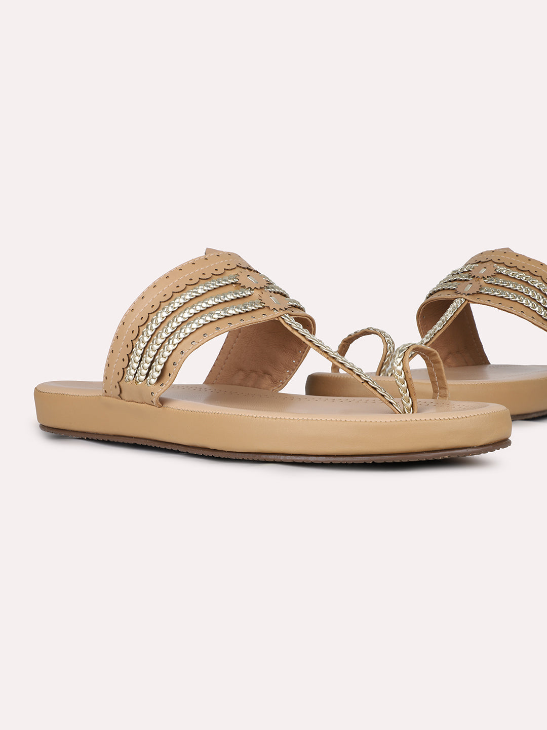 Womens Beige Casual Solid One Toe Slip-On Flat Sandals