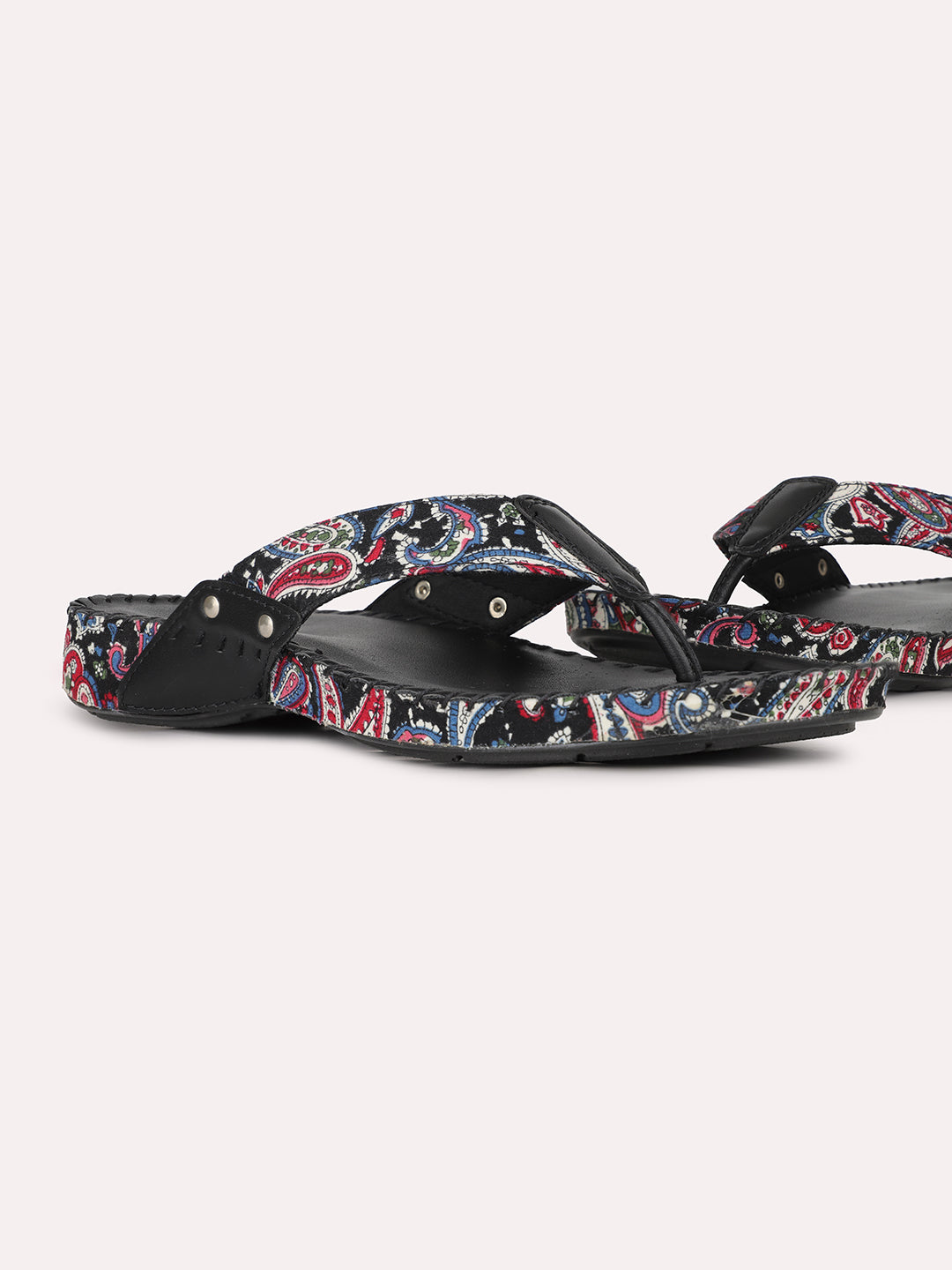 Womens Black Casual Printed Toe T-Strap Slip-On Flats
