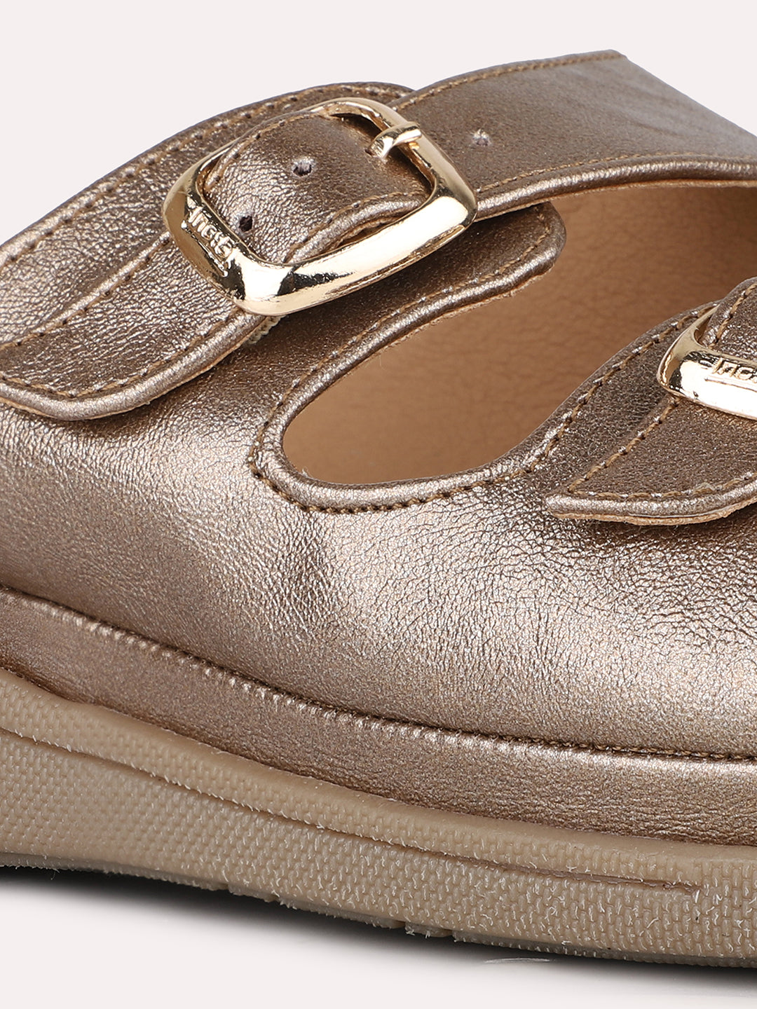 Women Golden Ethnic Solid Pattern Open Toe Slip-On Flats