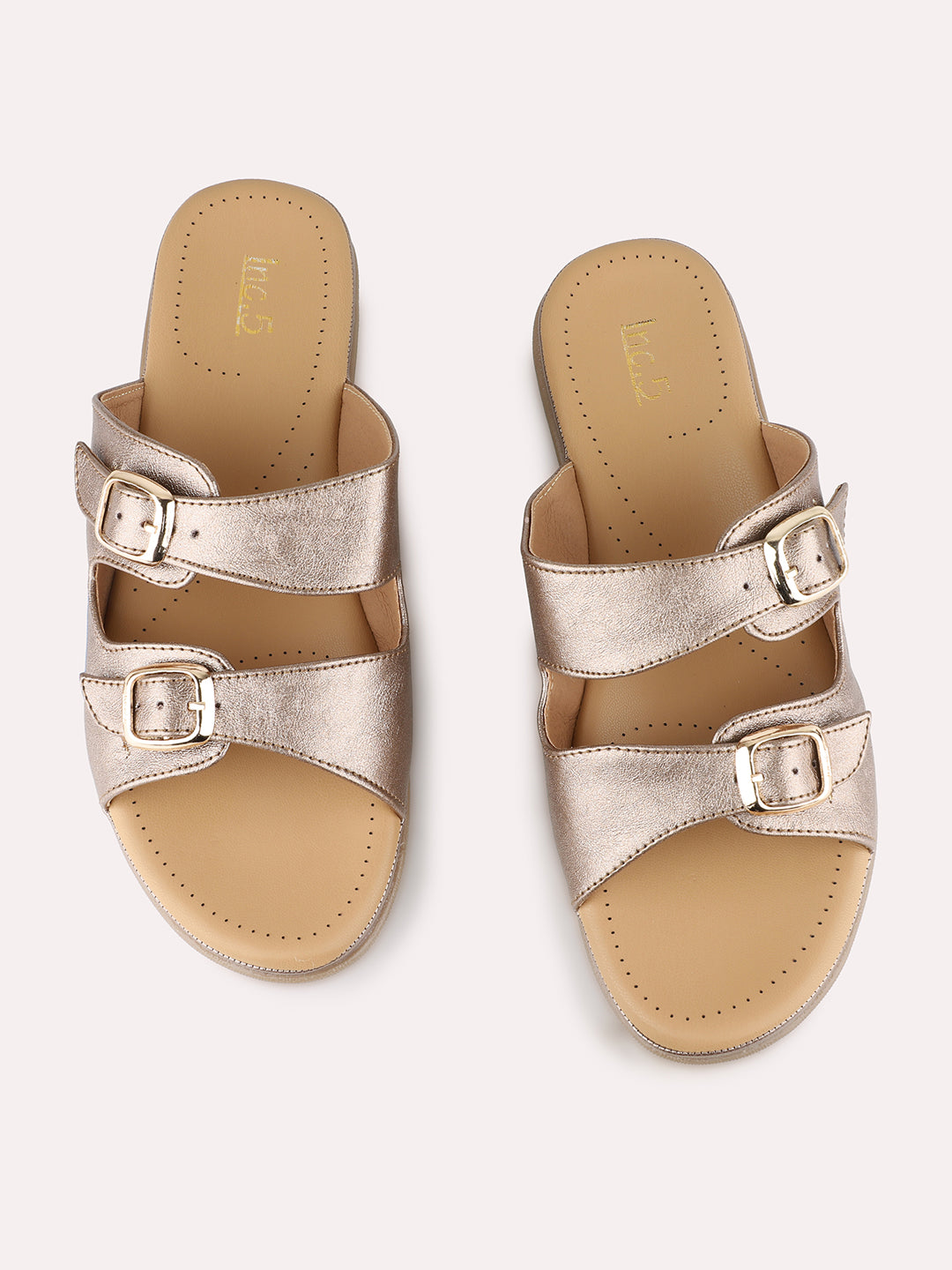 Women Golden Ethnic Solid Pattern Open Toe Slip-On Flats