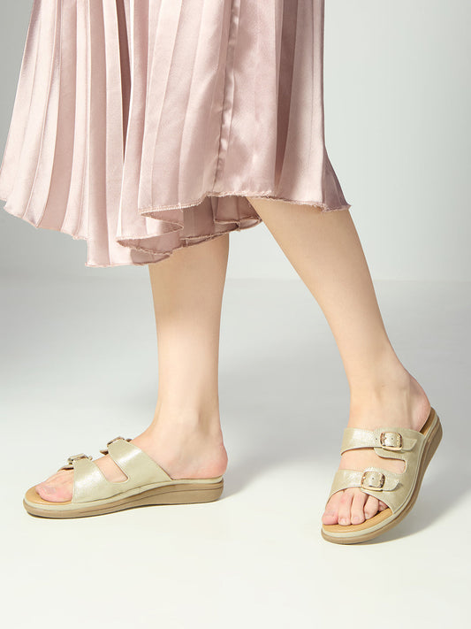 Women Golden Ethnic Solid Open Toe Slip-On Flats