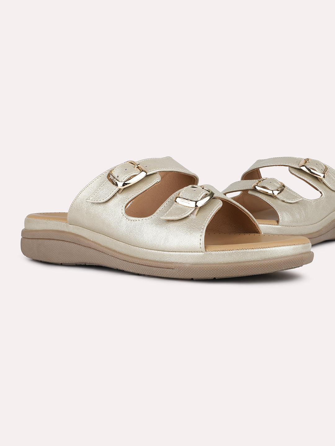 Women Golden Ethnic Solid Open Toe Slip-On Flat Sandals