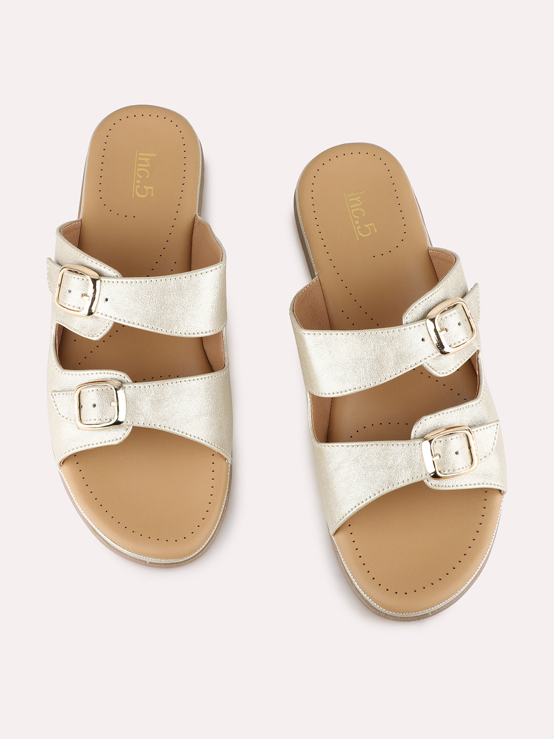 Women Golden Ethnic Solid Open Toe Slip-On Flats