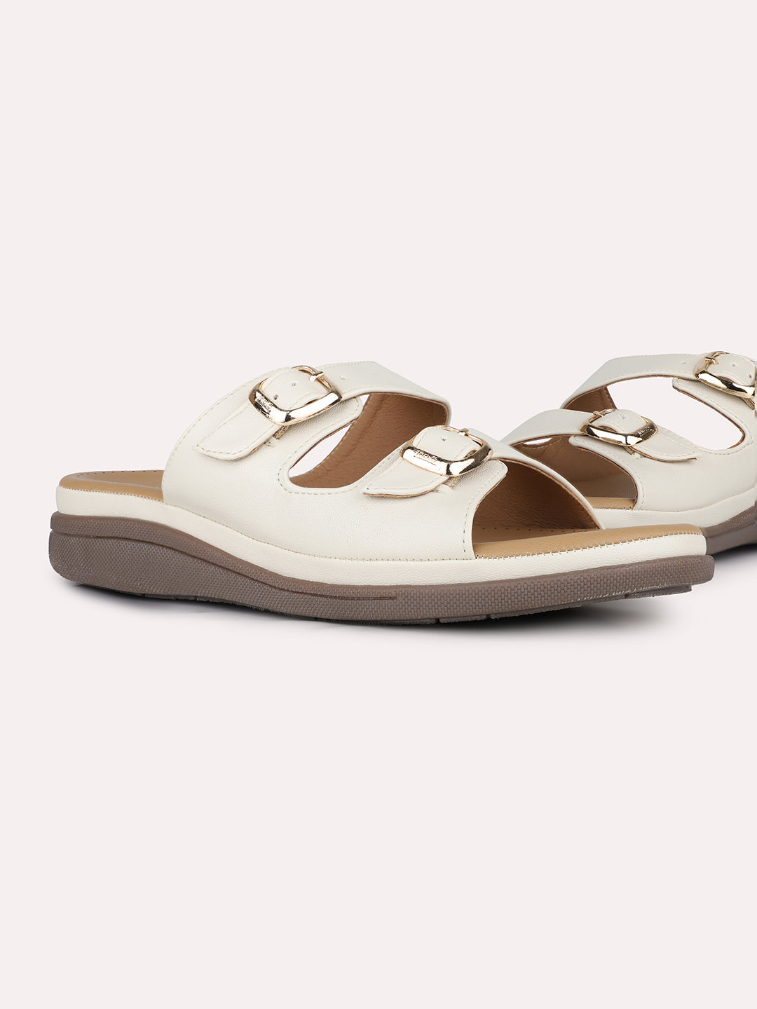 Women Cream Ethnic Solid Open Toe Slip-On Flat Sandals