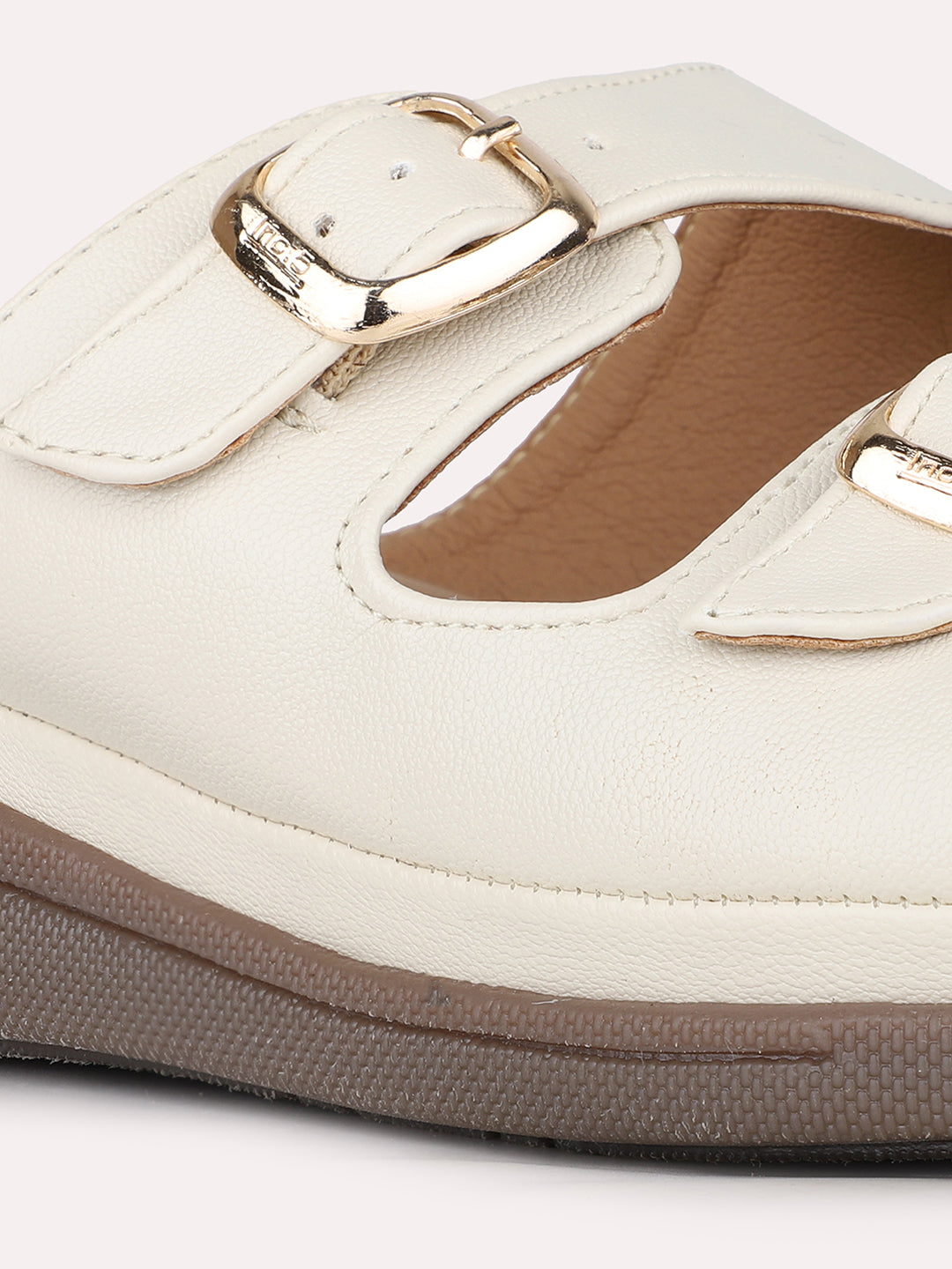 Women Cream Ethnic Solid Open Toe Slip-On Flats