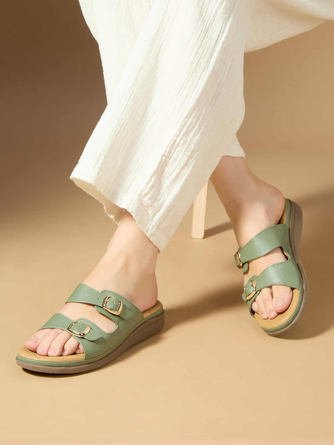 Women Green Ethnic Solid Open Toe Slip-On Flat Sandals