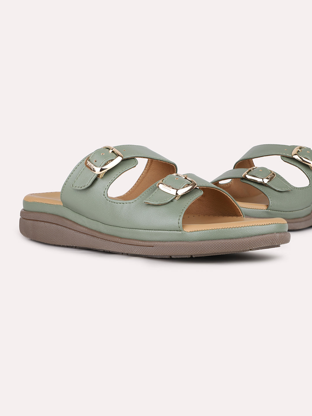 Women Green Ethnic Solid Open Toe Slip-On Flat Sandals