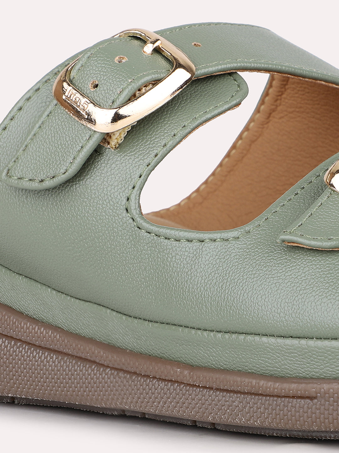 Women Green Ethnic Solid Open Toe Slip-On Flat Sandals