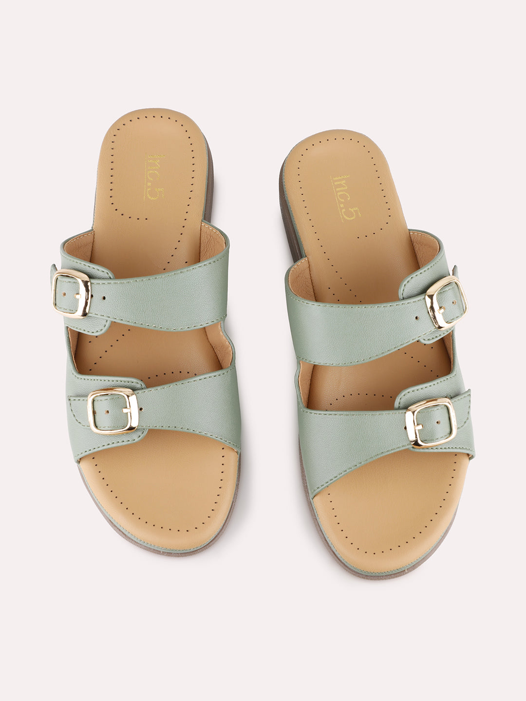 Women Green Ethnic Solid Open Toe Slip-On Flat Sandals