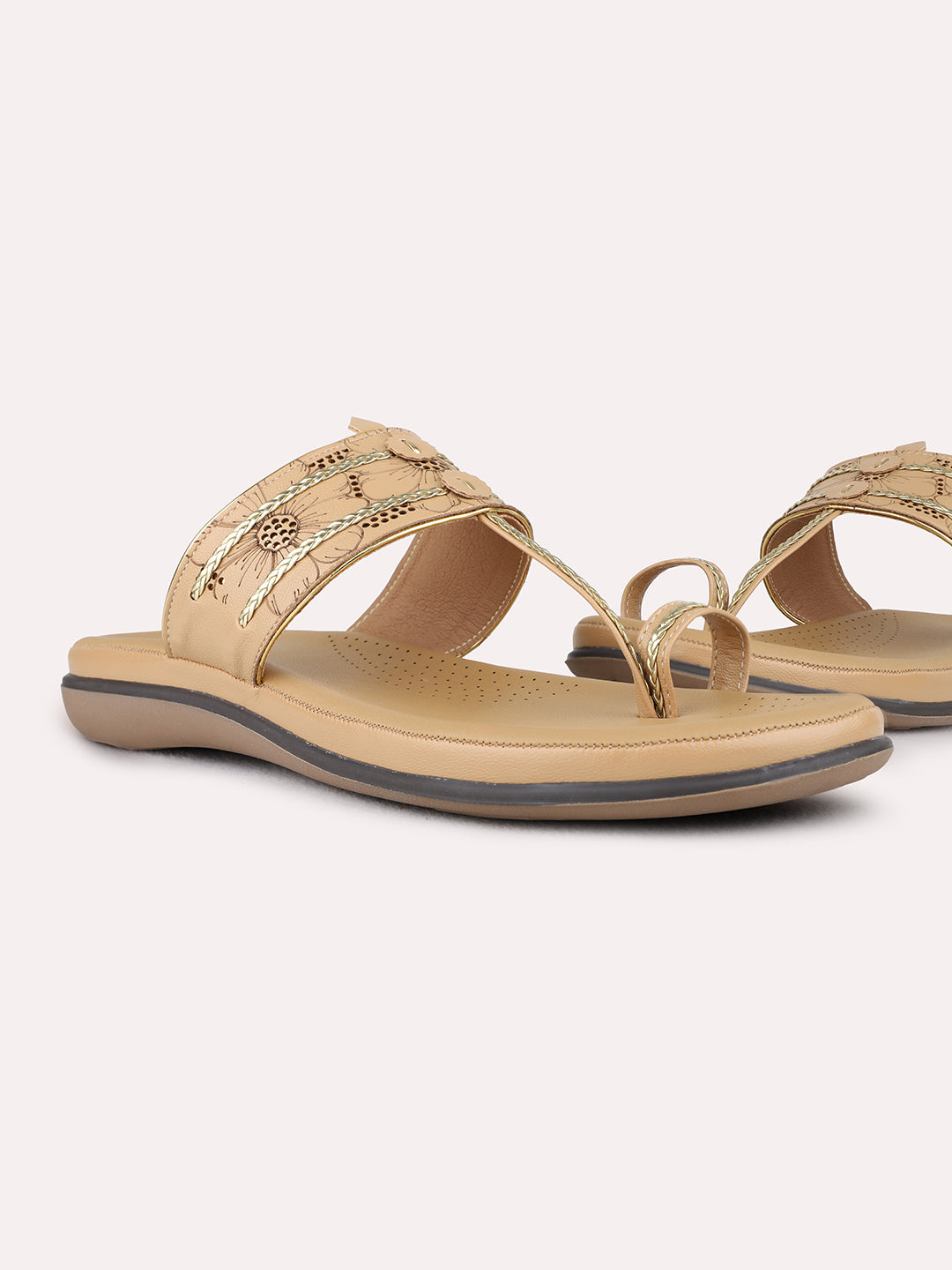 Womens Beige Ethnic Embellished One Toe Flat Sandals