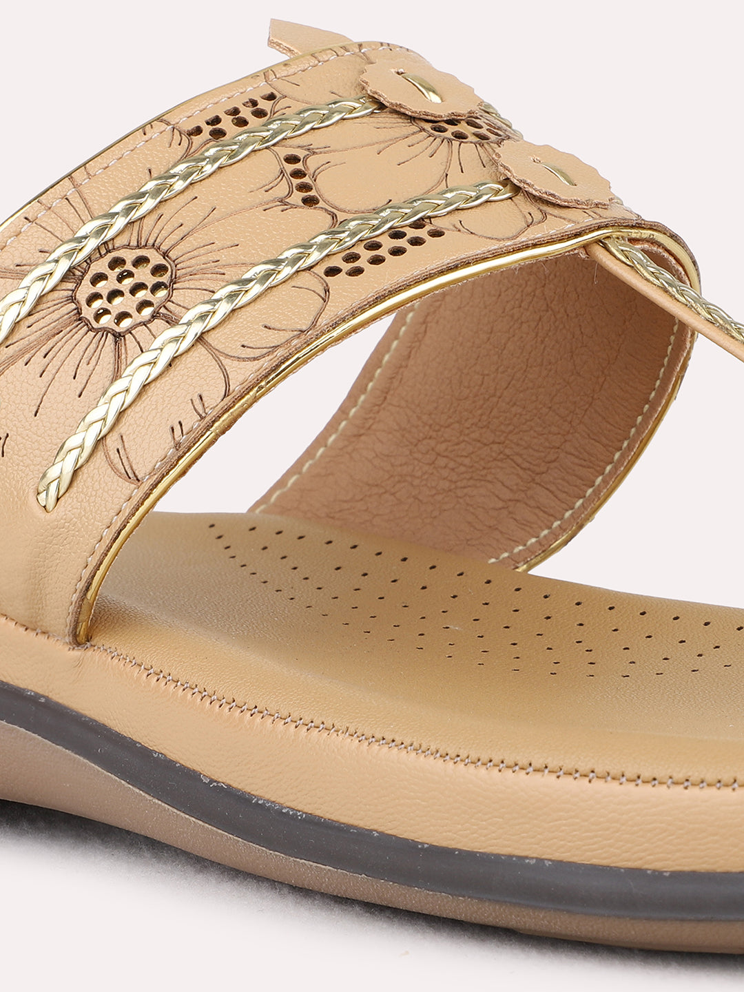 Womens Beige Ethnic Embellished One Toe Flats