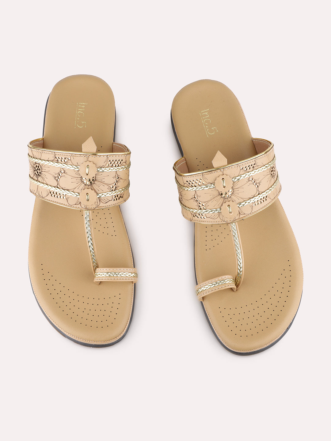 Womens Beige Ethnic Embellished One Toe Flats