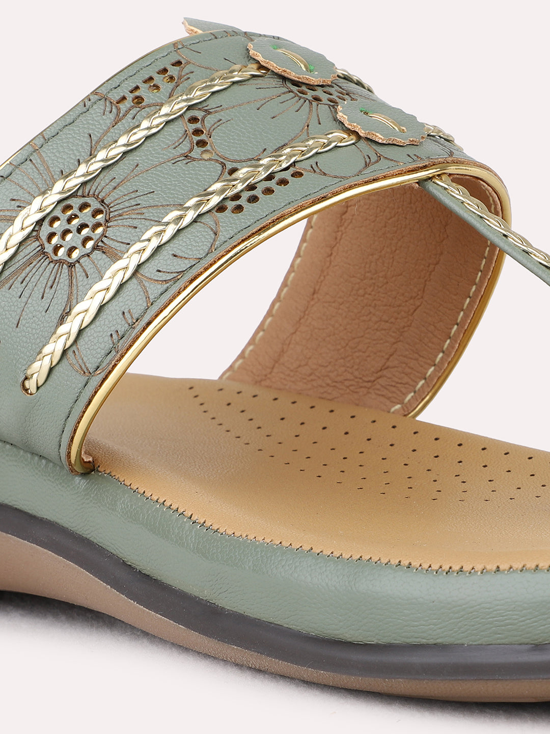 Womens Green Ethnic Embellished One Toe Flat Slip-Ons