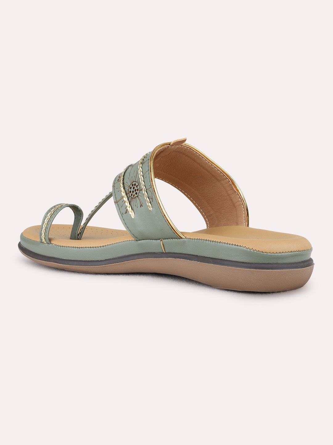 Womens Green Ethnic Embellished One Toe Flat Sandals