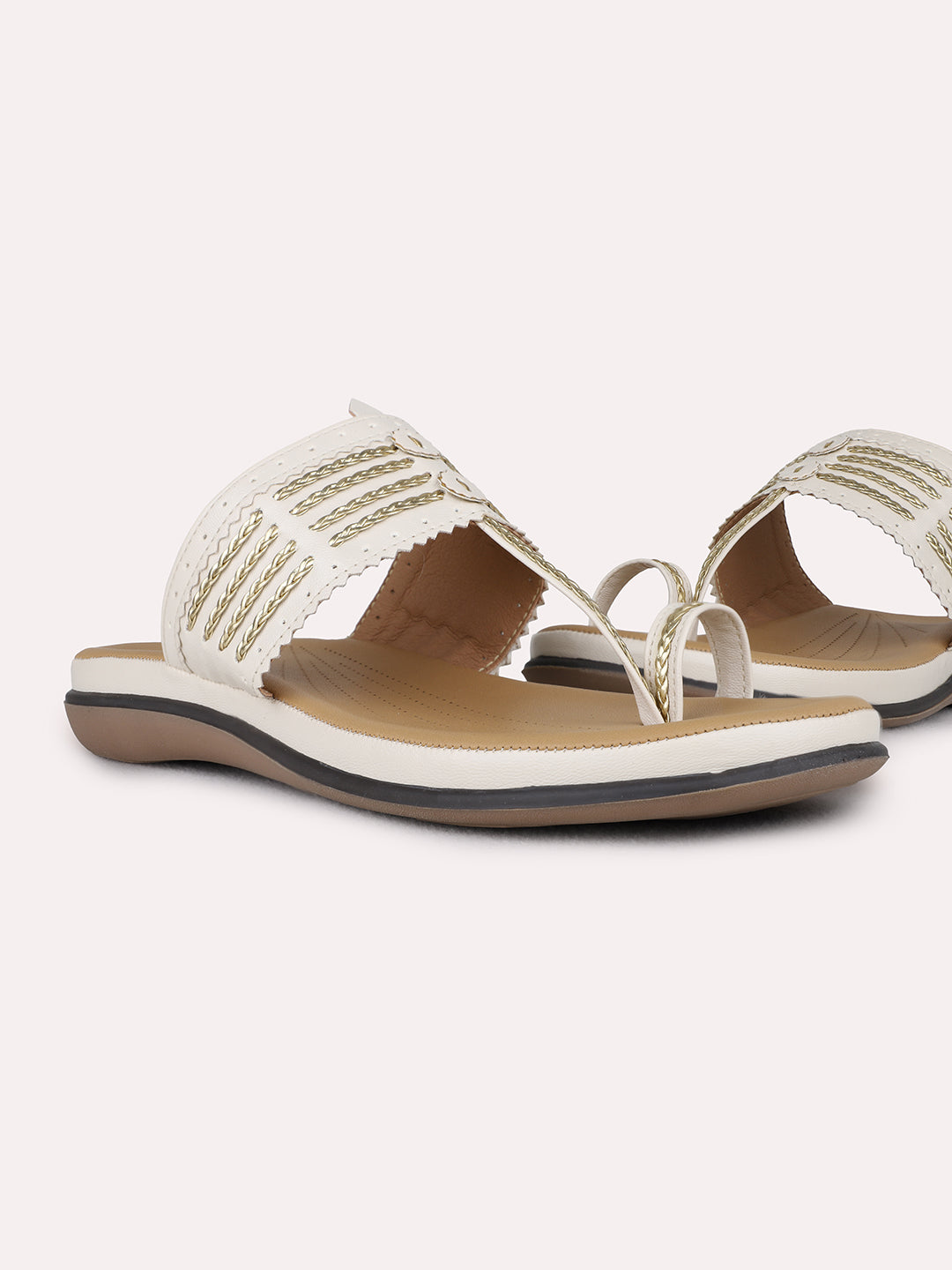 Womens Cream Ethnic Embellished T-Strap Flats