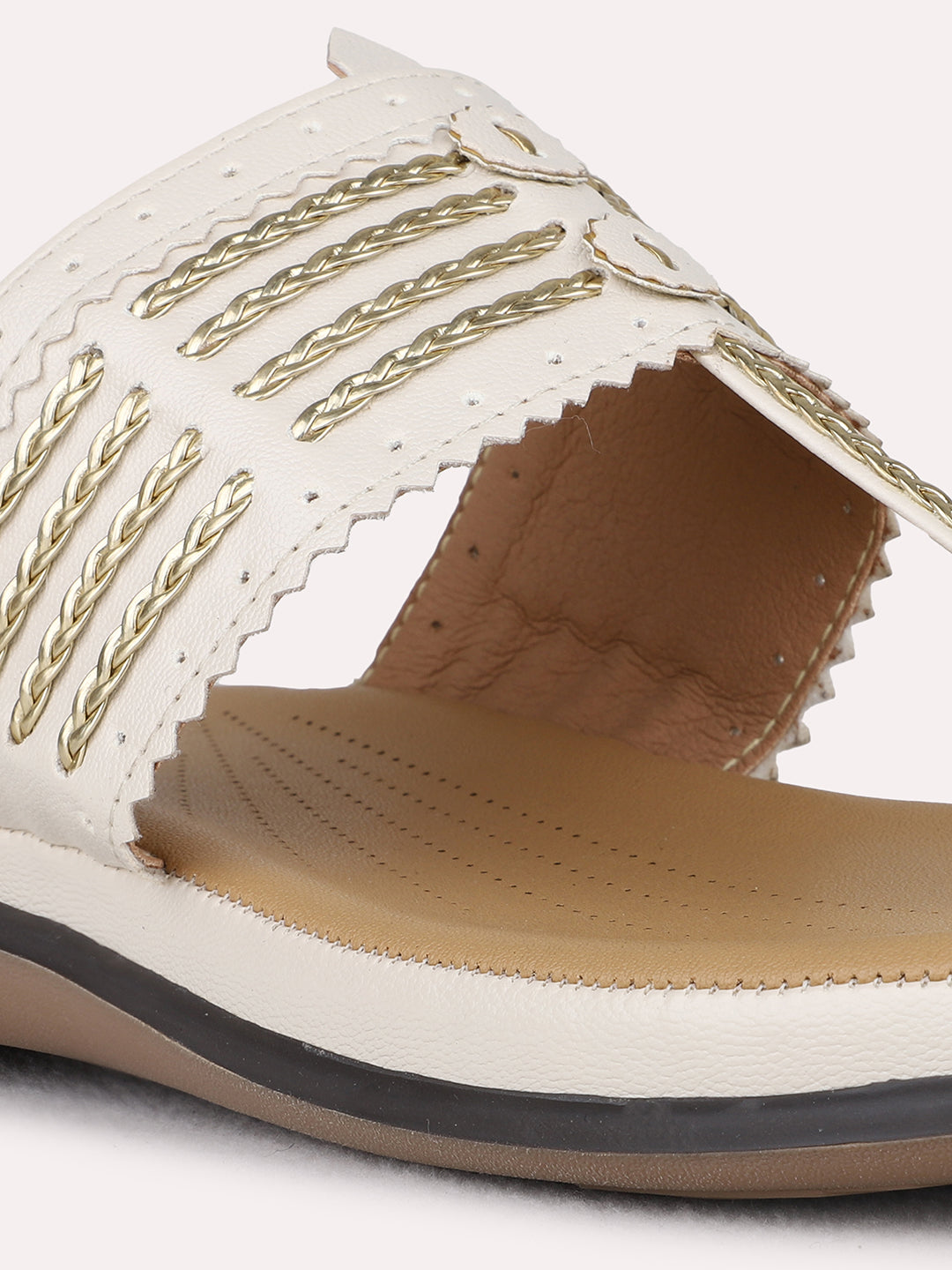 Womens Cream Ethnic Embellished T-Strap Flats