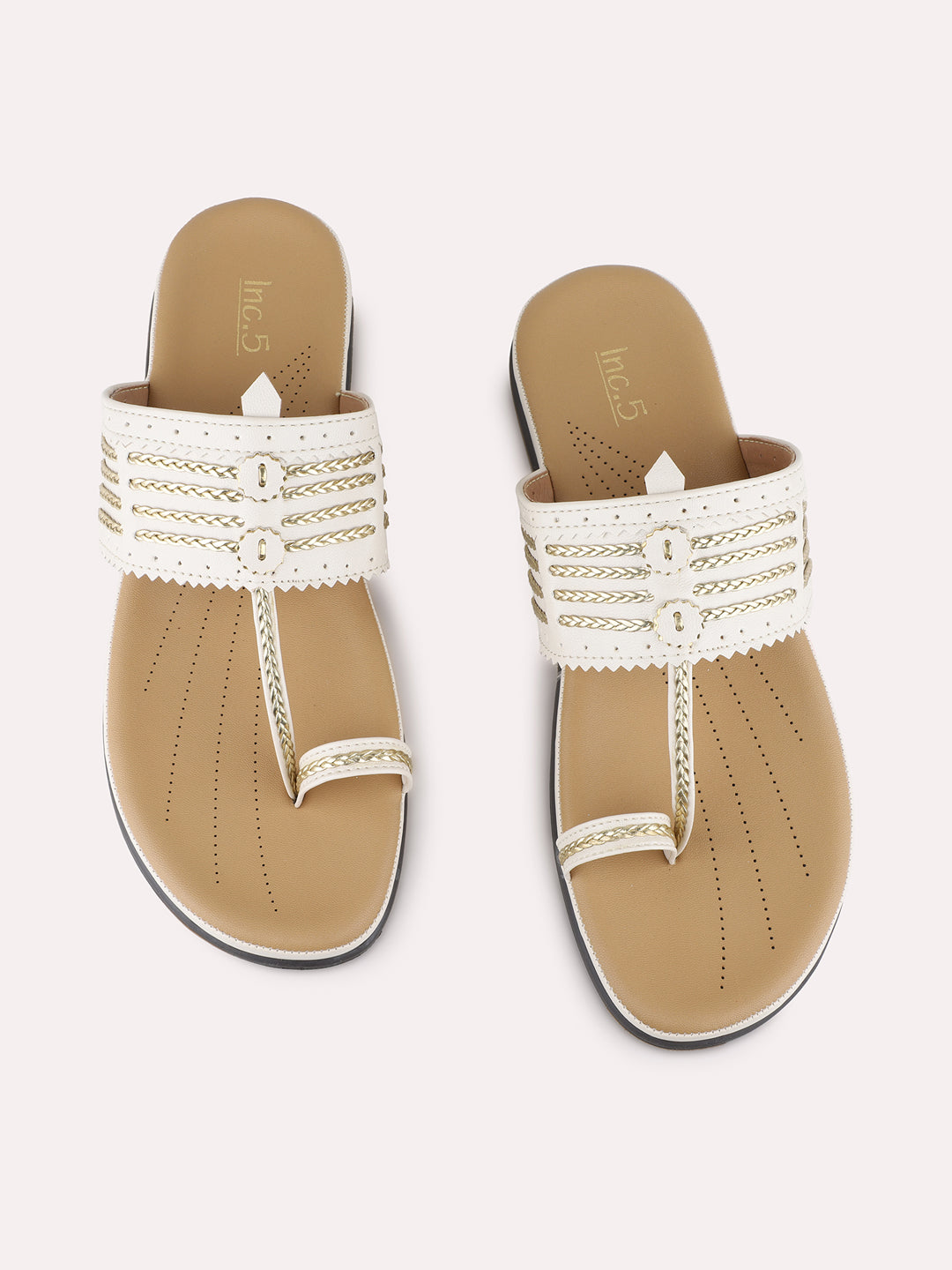 Womens Cream Ethnic Embellished T-Strap Flats