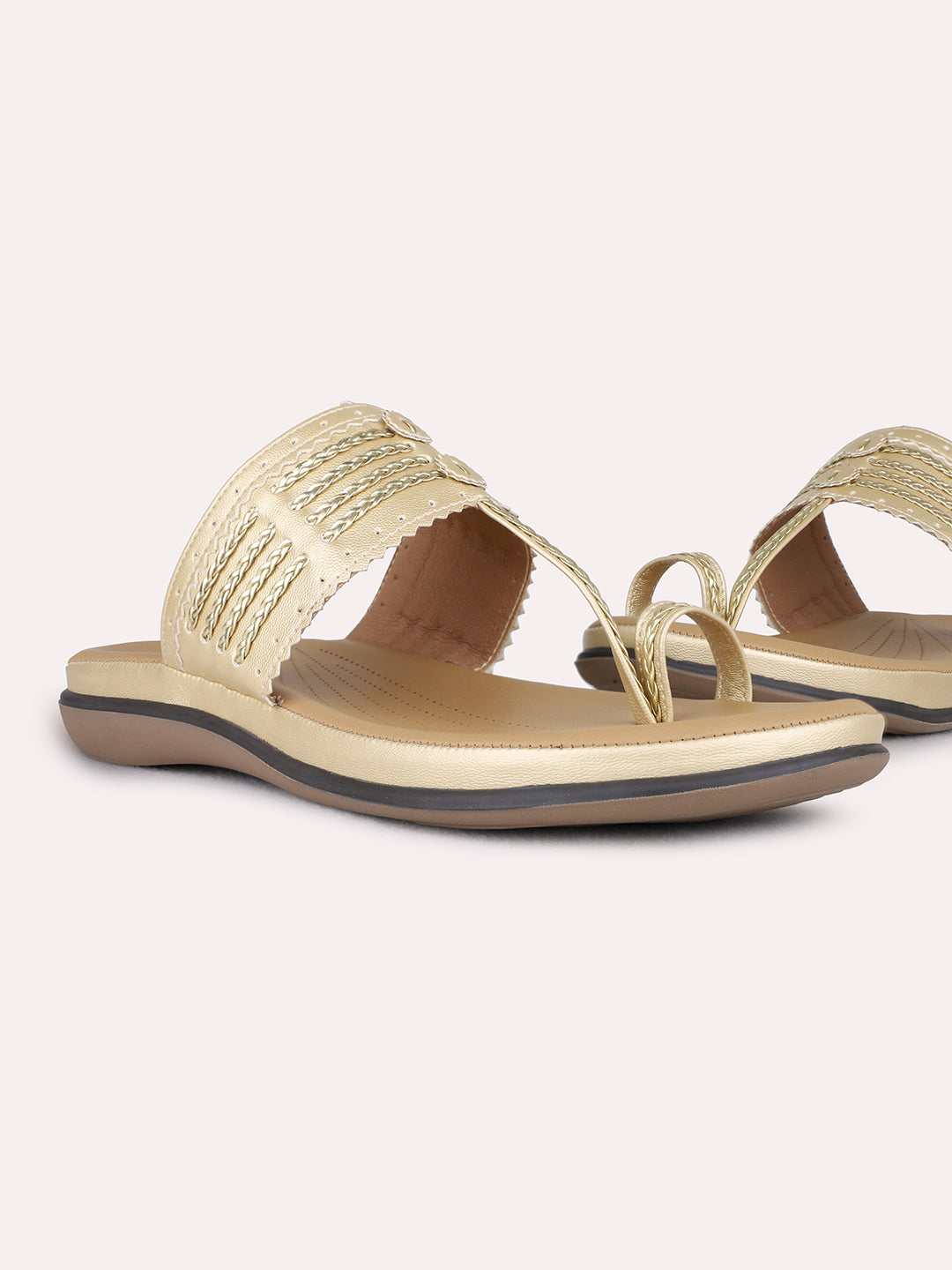 Womens Golden Ethnic Embellished One Toe Flat Sandals