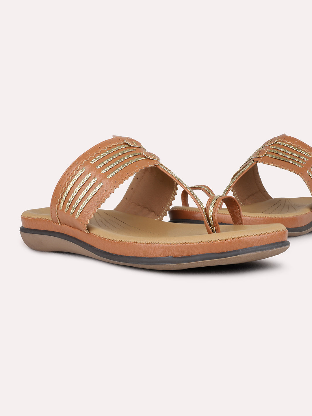 Womens Tan Ethnic Embellished One Toe Flat Sandals