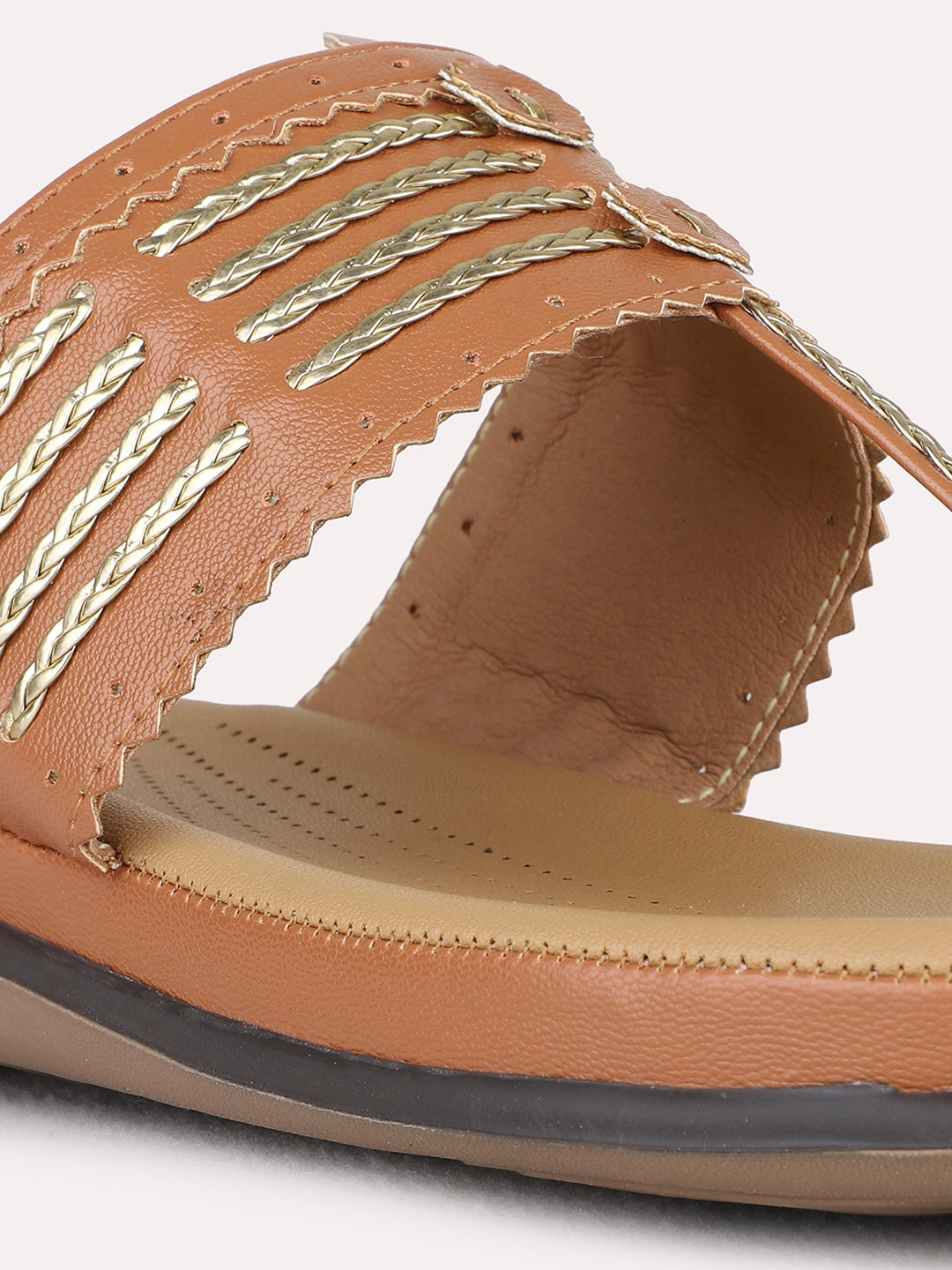 Womens Tan Ethnic Embellished One Toe Flat Slip-Ons
