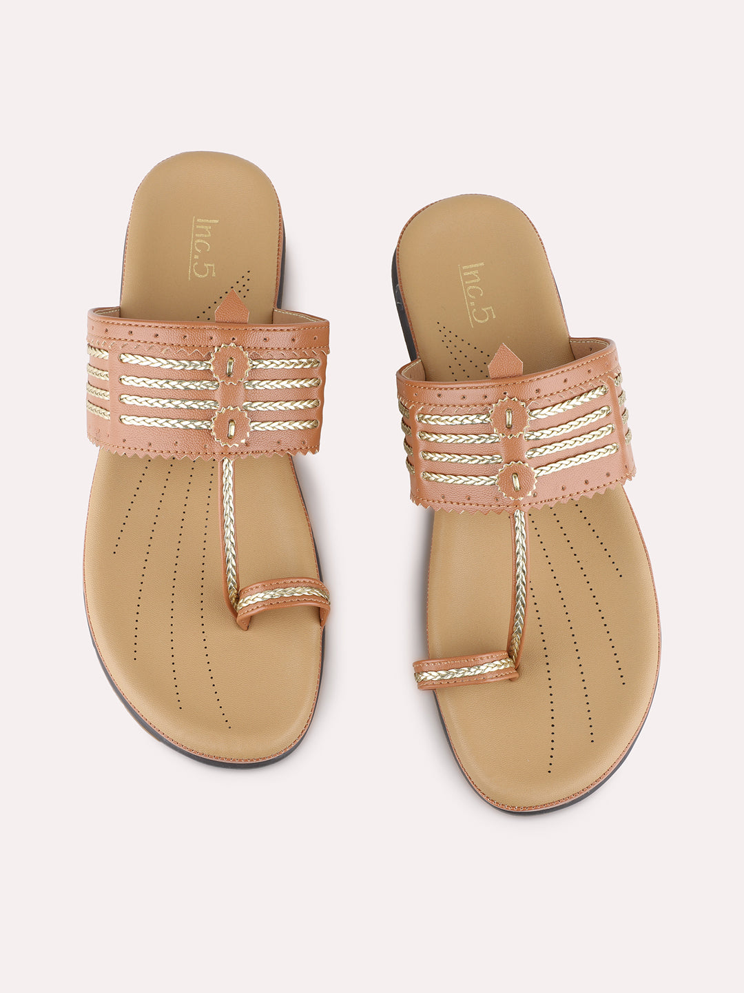 Womens Tan Ethnic Embellished One Toe Flat Slip-Ons