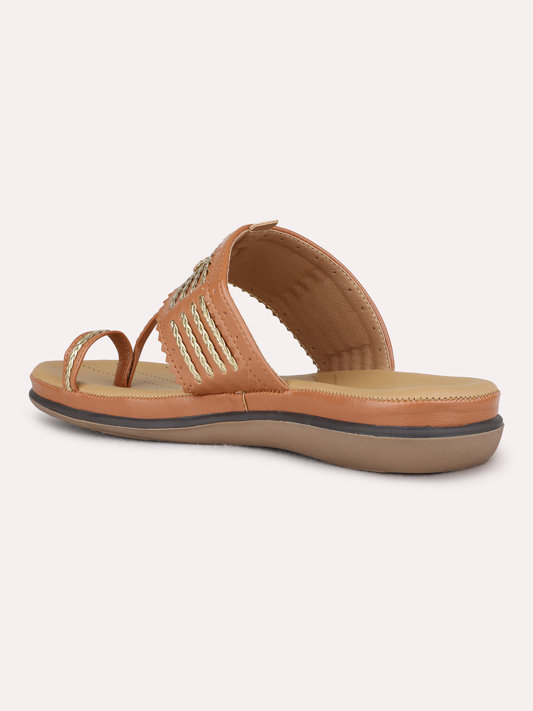 Womens Tan Ethnic Embellished One Toe Flat Slip-Ons