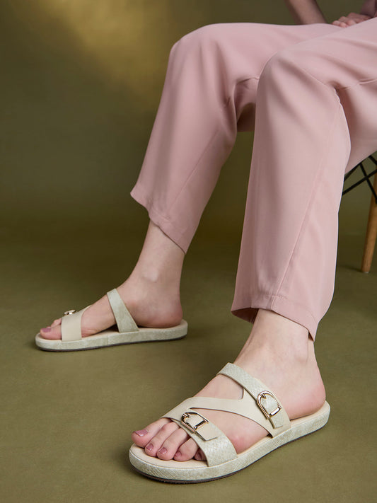 Womens Cream Casual Solid Open Toe Flat Slip-Ons