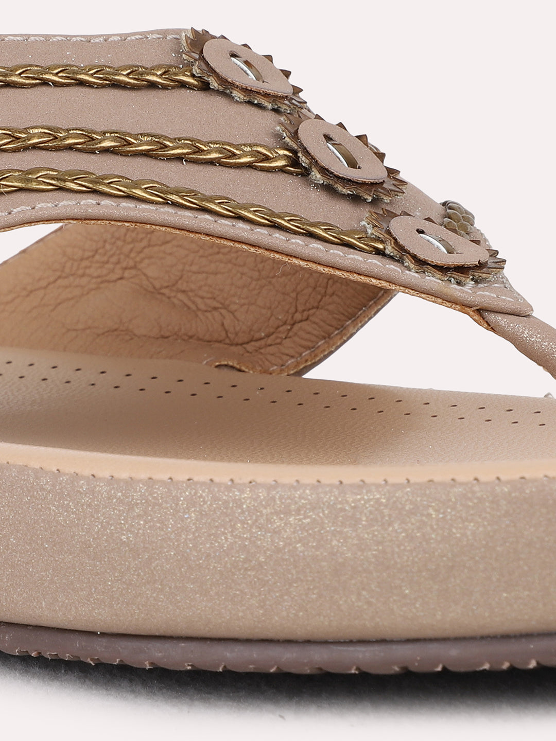 Womens Golden Ethnic Embellished T-Strap Slip-On Sandals