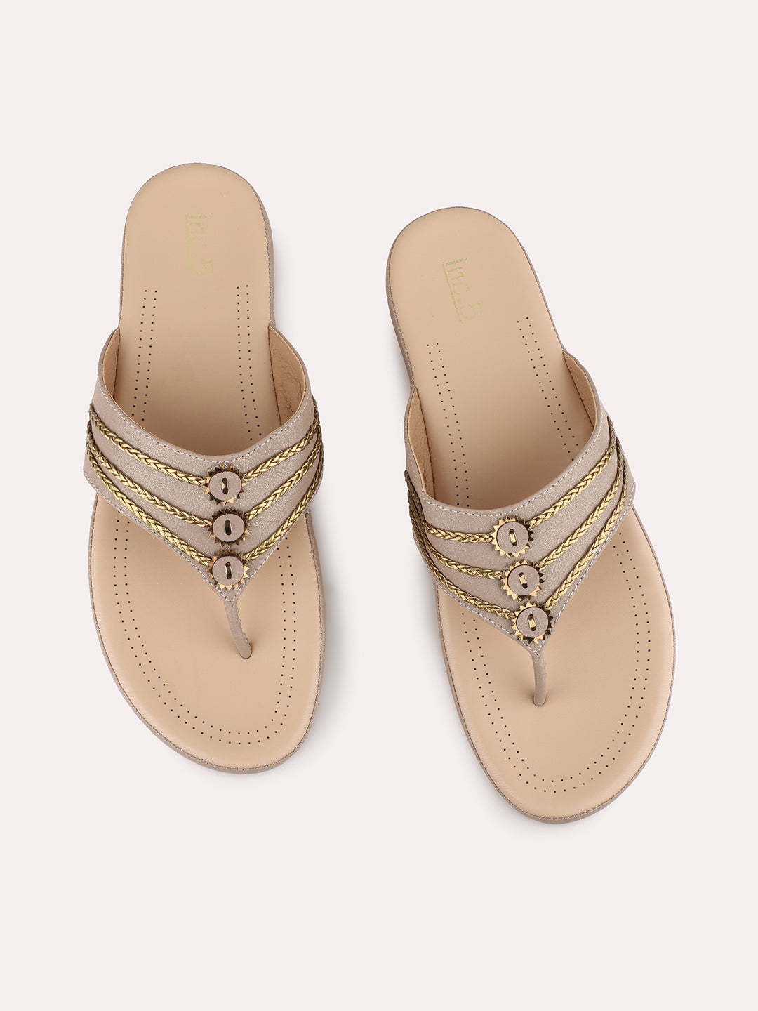 Womens Golden Ethnic Embellished T-Strap Slip-On Sandals