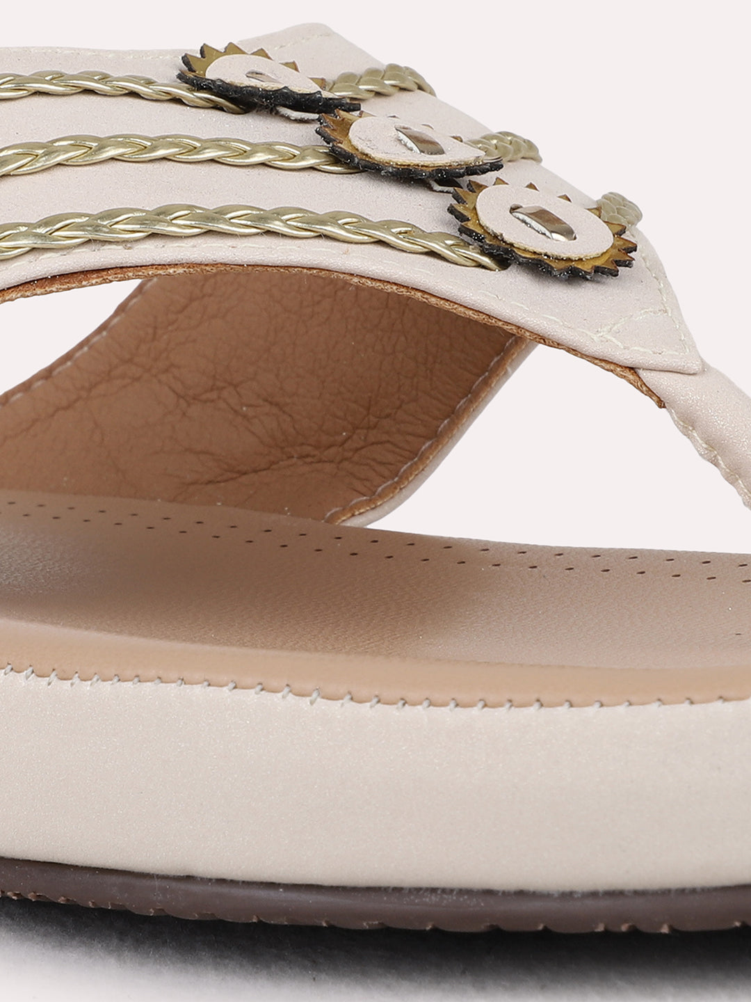 Womens Golden Ethnic Embellished T-Strap Flat Slip-On Sandals