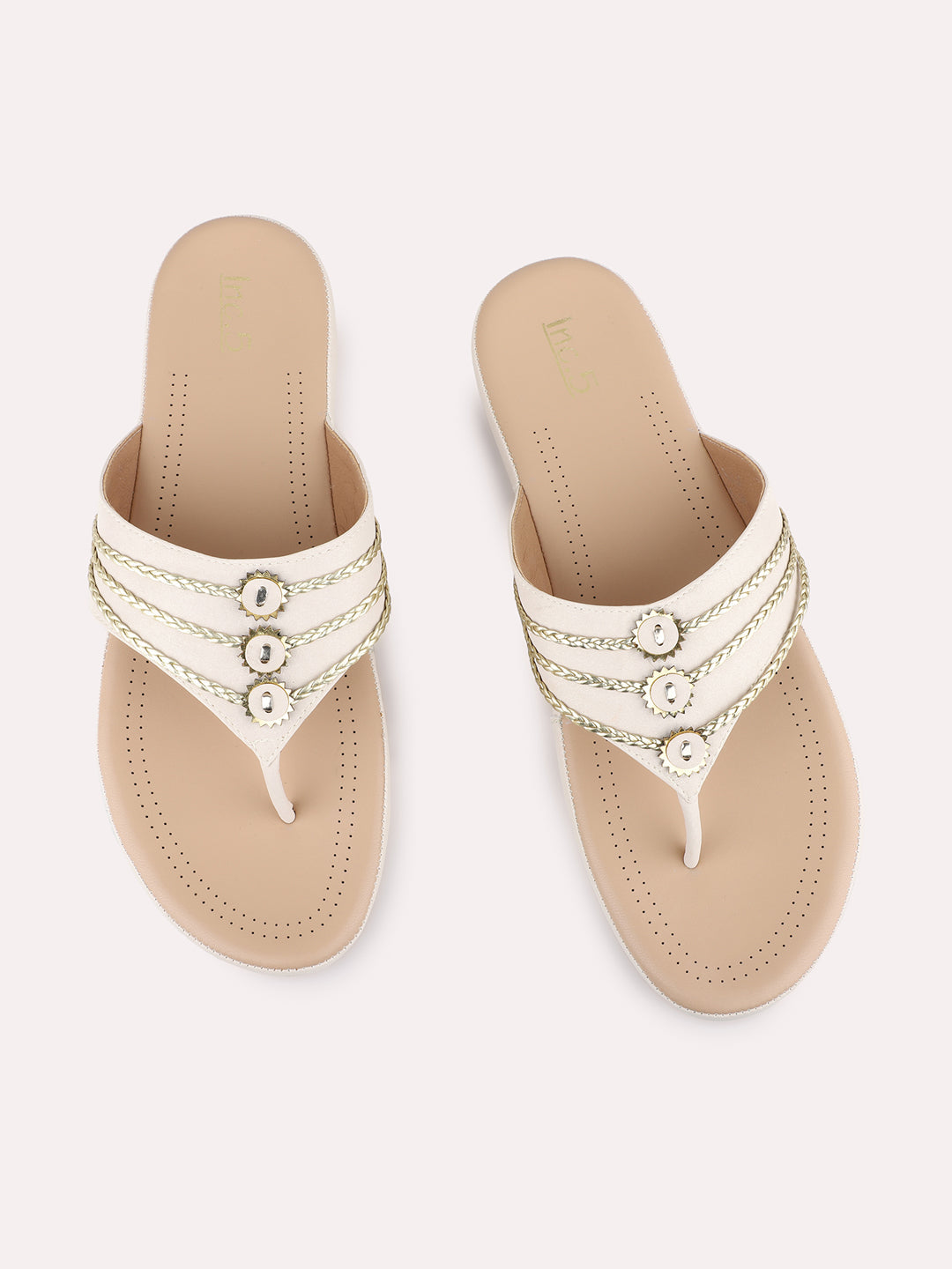 Womens Golden Ethnic Embellished T-Strap Flat Slip-On Sandals