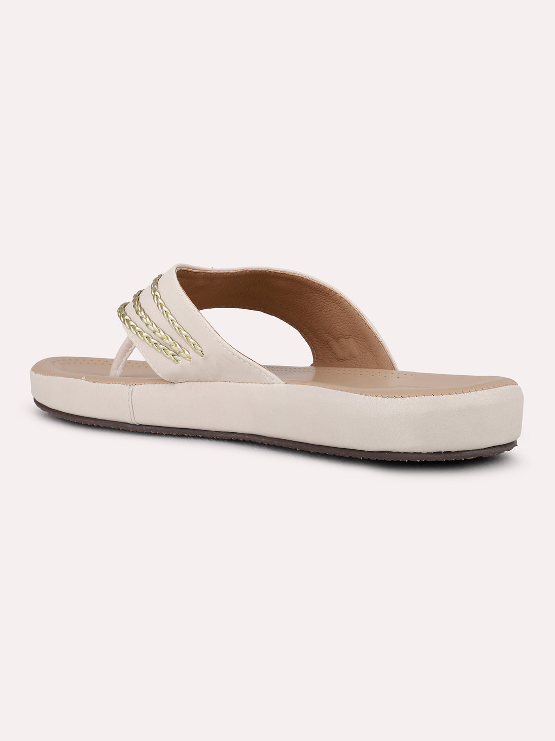 Womens Golden Ethnic Embellished T-Strap Flat Slip-On Sandals